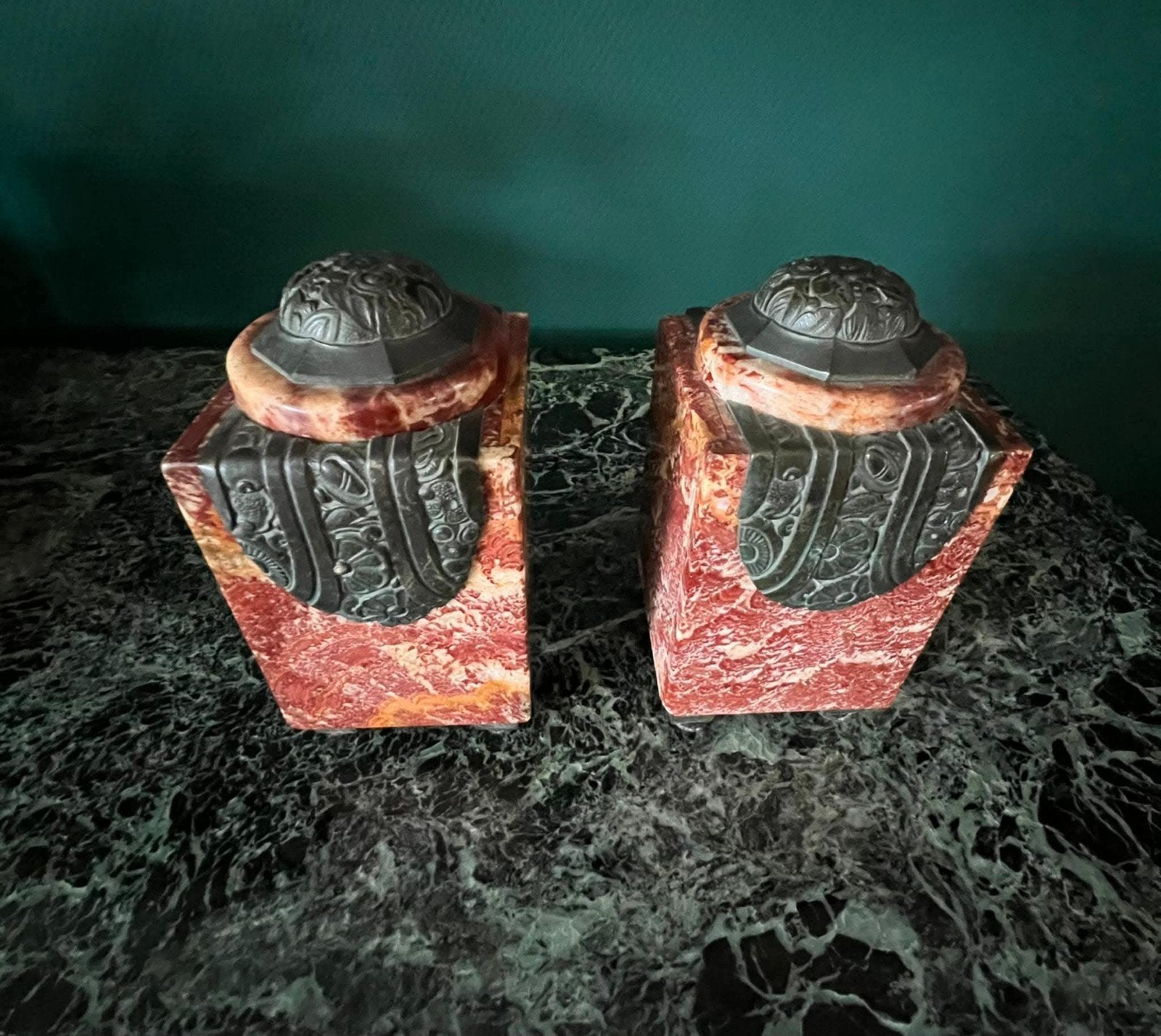 Art Deco Marmeren Klokstel met Bronzen Beelden, Antiek en Kunst, Ophalen of Verzenden