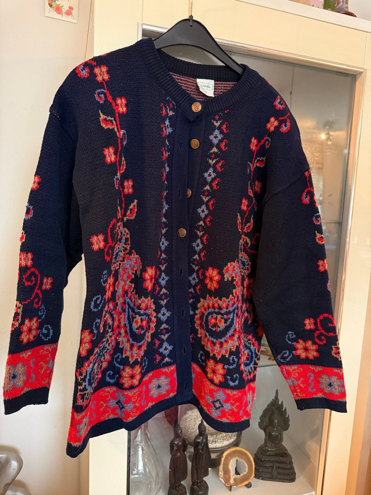 Canda gebreid vest met bloemenprint en paisley, maat L, Ophalen of Verzenden, Zo goed als nieuw, Maat 38/40 (M), Blauw