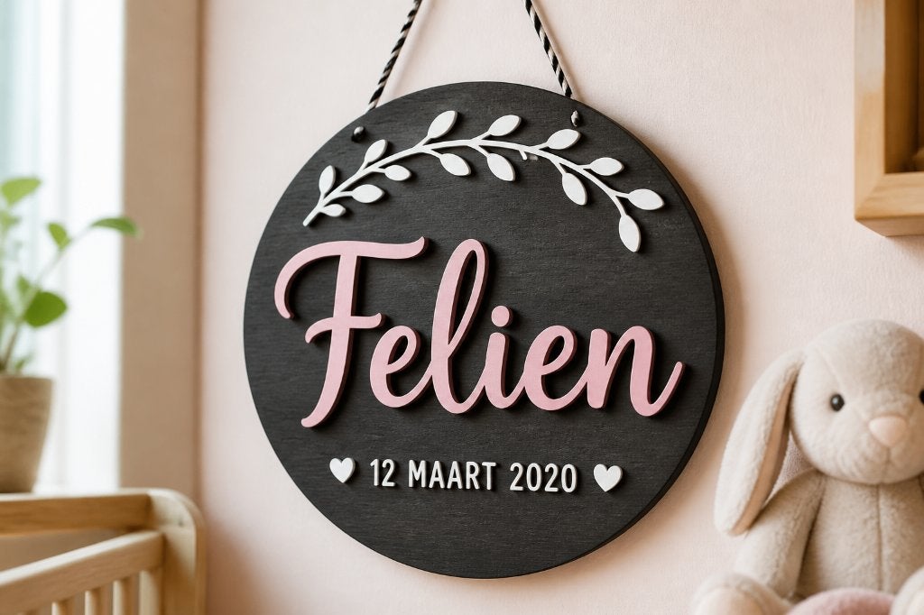Houten 3D naambord kinderkamer Ø20 cm | geboorte | custom, Ophalen of Verzenden, Nieuw, Kraamcadeau