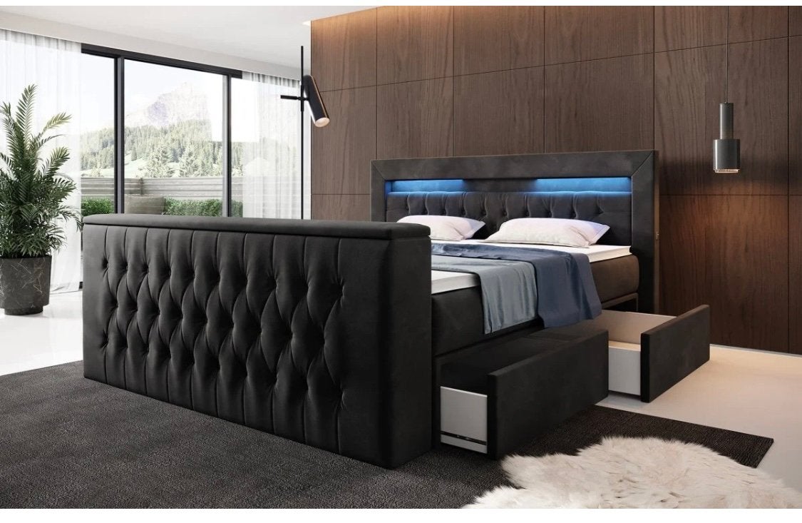 Nieuwe boxspring met luxe eindbord en tv optie in voeteneind, Huis en Inrichting, Ophalen, Bruin, Tweepersoons, Zo goed als nieuw