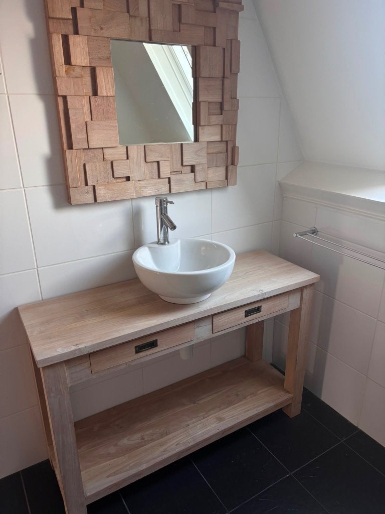 Houten wastafelmeubel met spiegel en waskom, Ophalen, Gebruikt, 100 tot 150 cm, Minder dan 100 cm