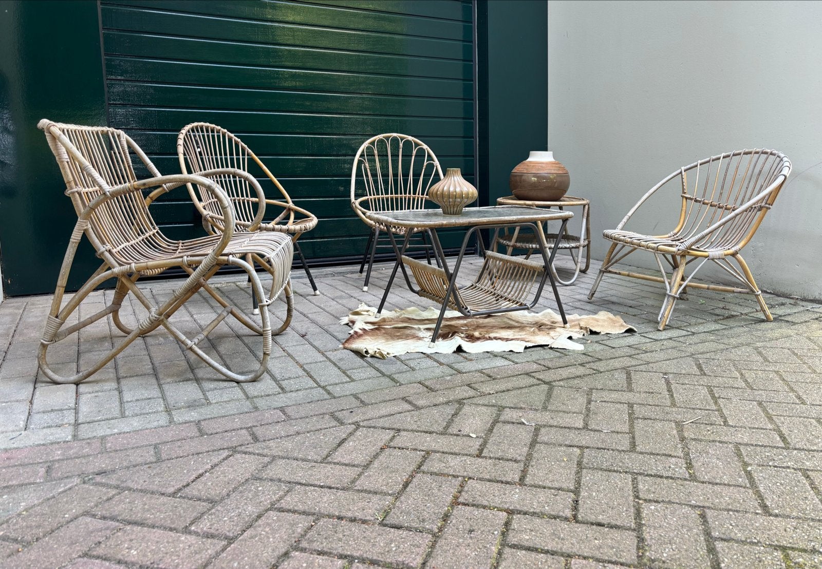 Vintage Rohé Noordwolde rotan set: 4 fauteuils en 2 tafels, Ophalen