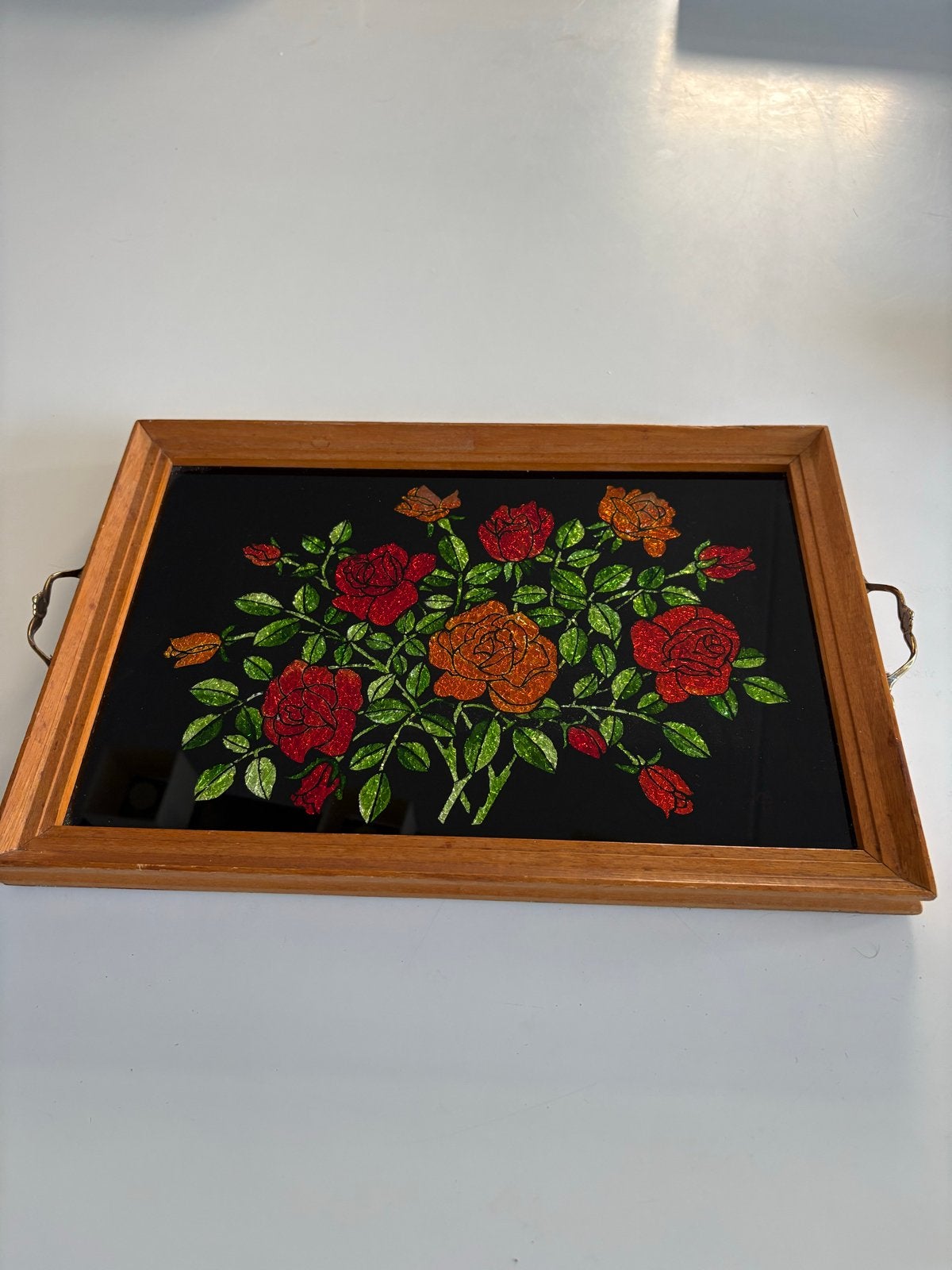 Vintage houten dienblad met rozenmotief folieafbeelding, Antiek en Kunst, Ophalen of Verzenden