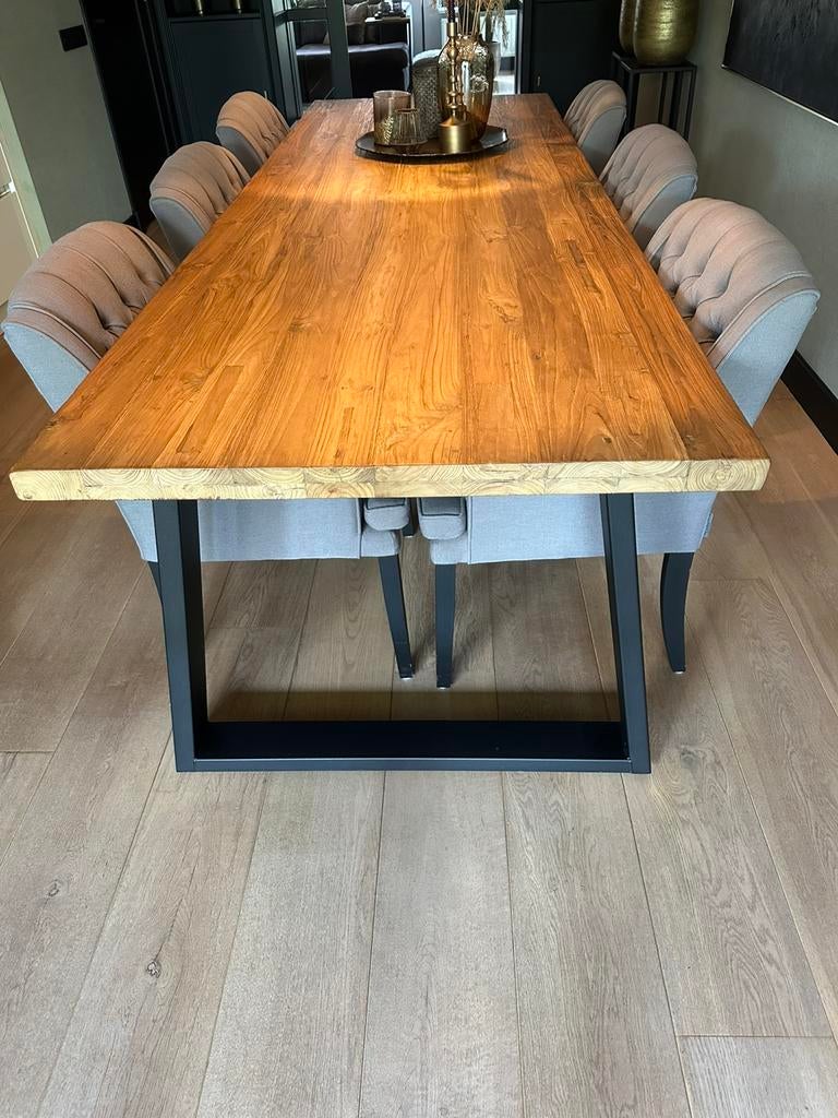 Mooie eettafel met stoelen te koop (stoelen Richmond), Ophalen, Industrieel/Landelijk, Teakhout, 200 cm of meer