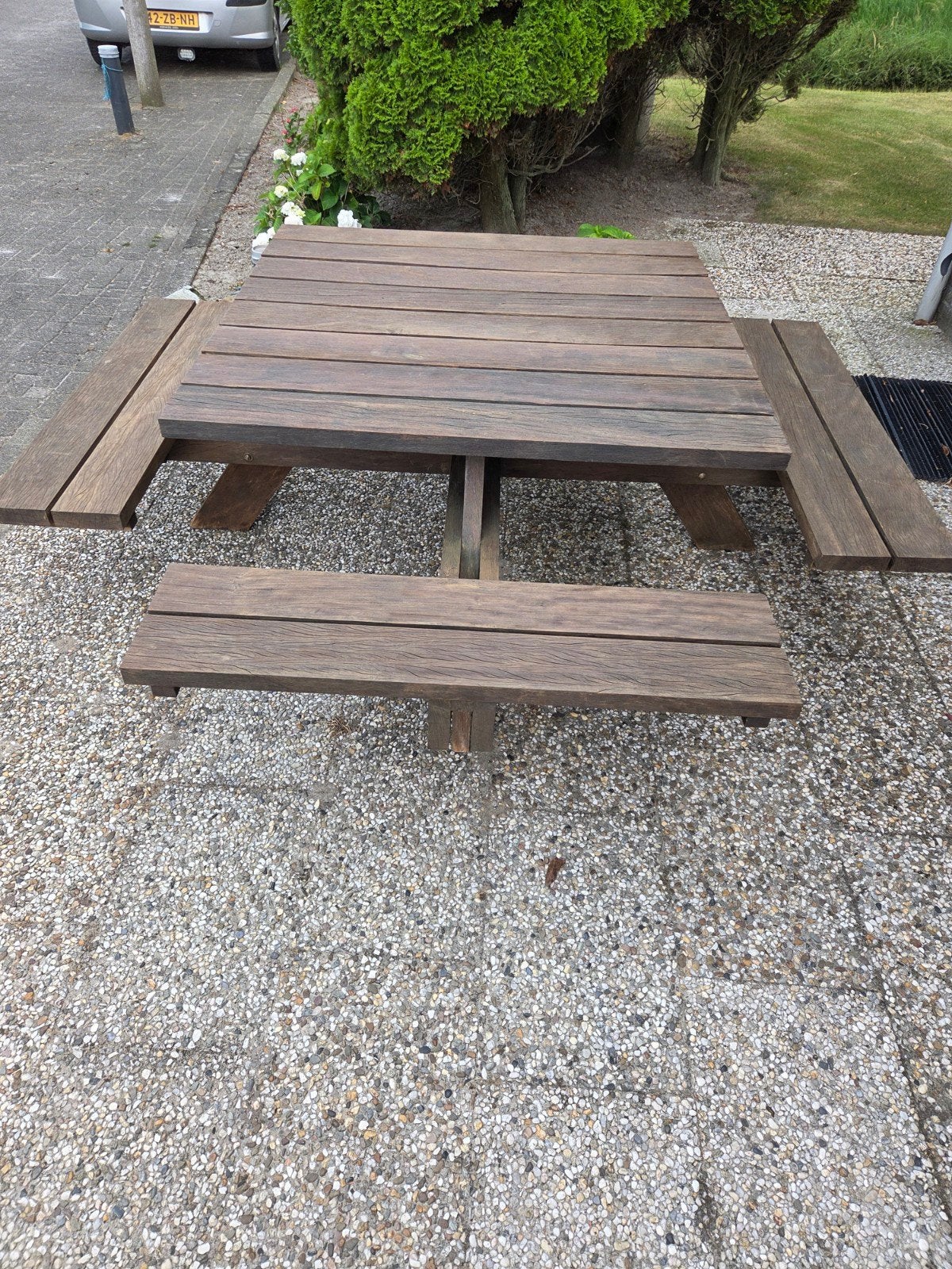 Picknick tafel billinga hout, Tuin en Terras, Picknicktafels, Ophalen, Gebruikt, Vierkant, Hout
