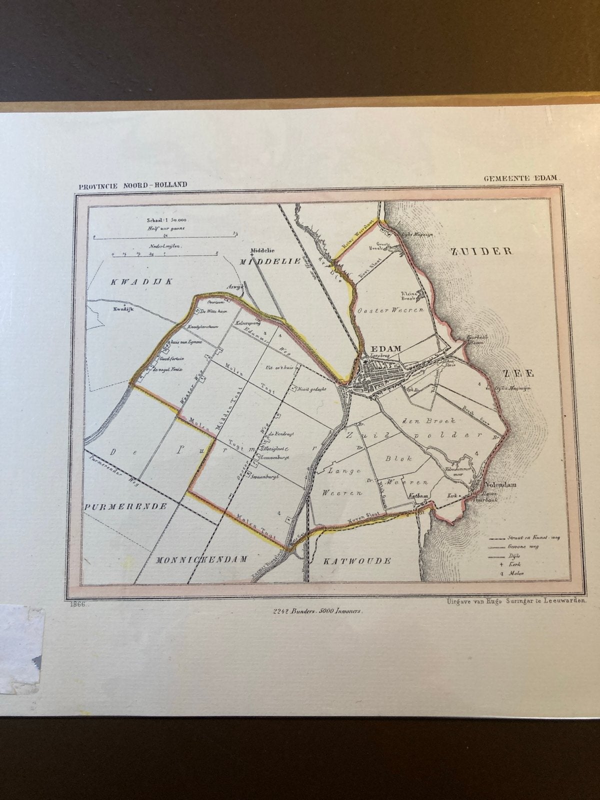 Oude Kaart Gemeente Edam, Provincie Noord-Holland (1866), Gelezen, Ophalen of Verzenden, Landkaart, 1800 tot 2000