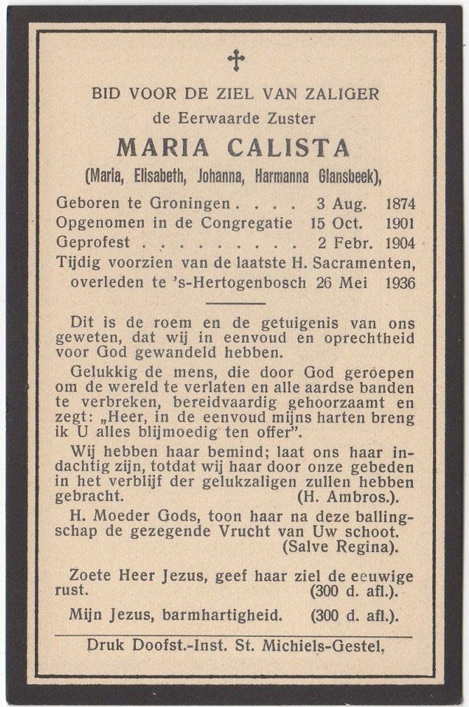 zr. Maria Glansbeek 1874 Groningen + 1936 Den Bosch, 61 jr, Verzenden