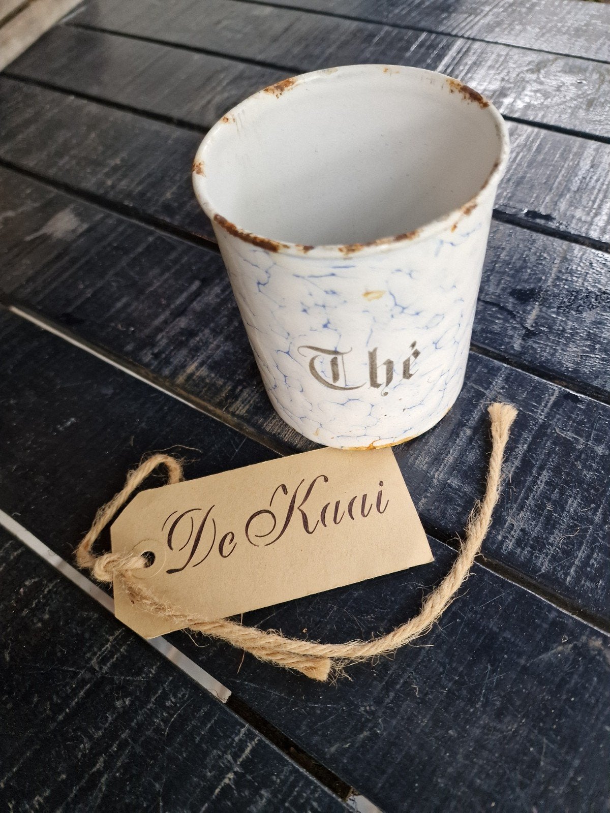 IN PRIJS VERLAAGD oud wit/lichtblauw emaille potje voor thee, Ophalen of Verzenden