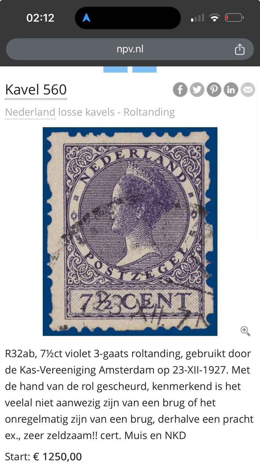 Nederland 1927 Roltanding R32 Ab attest catw €6000, Ophalen of Verzenden, T/m 1940, Gestempeld