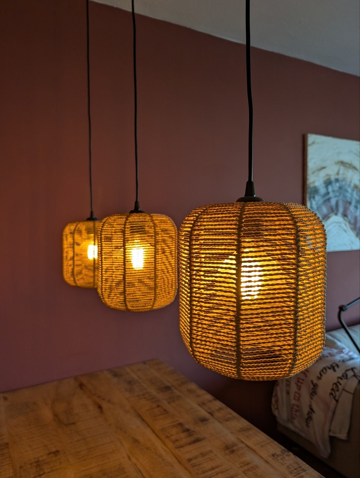 Hanglamp met 3 rotan kappen - Bragi Naturel, Huis en Inrichting, Ophalen, Industrieel, Landelijk, E27 (groot), Zo goed als nieuw