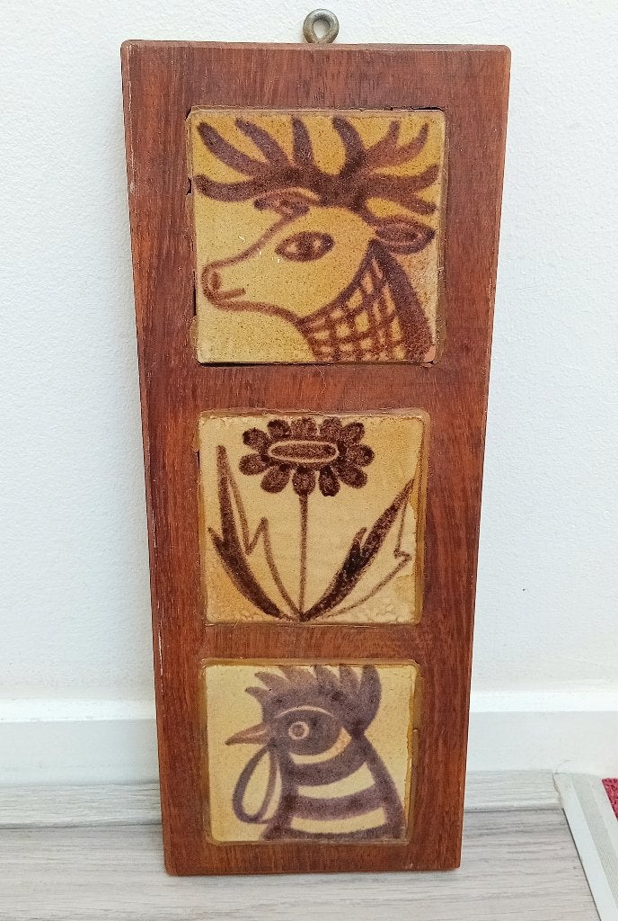 houten wanddecoratie met 3 tegeltjes, Verzenden