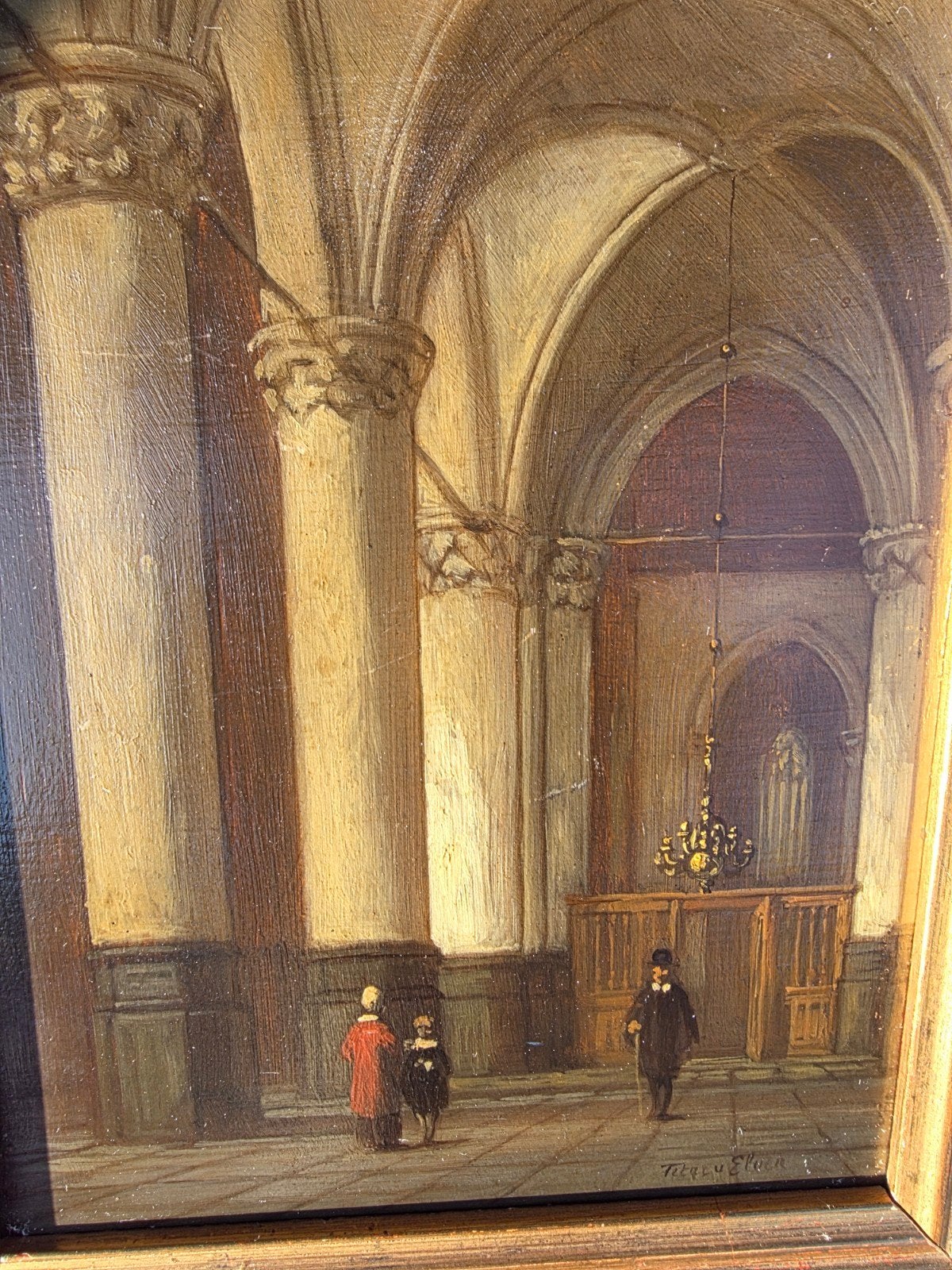 Antiek gesigneerd schilderij 'Kerkinterieur', Antiek en Kunst, Paneel, Ophalen of Verzenden, Klassiek, Overige onderwerpen
