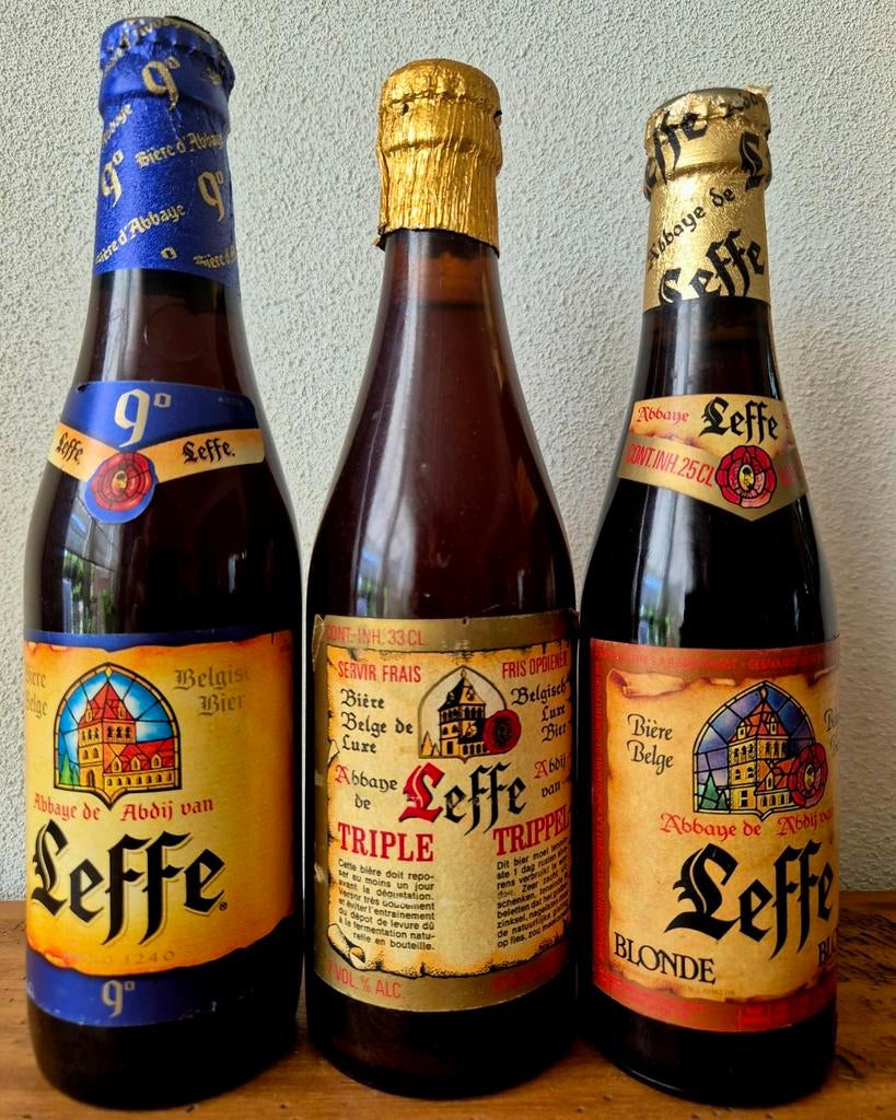 3x Fles ABDIJ LEFFE 9+blond+triple bier België 9+7 1986, Ophalen of Verzenden, Zo goed als nieuw, Flesje(s), Leffe
