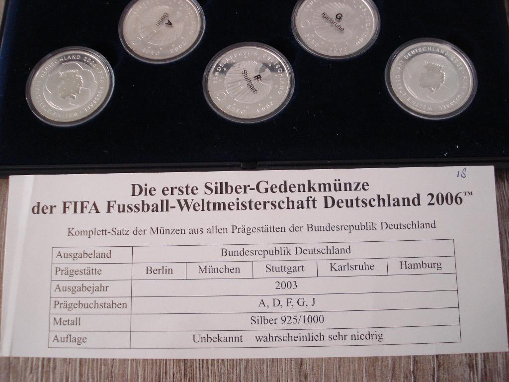 5 MAAL  10 EURO POLIERTE PLATTE   FIFA 2006  WK, Duitsland, Setje, Zilver, Ophalen of Verzenden
