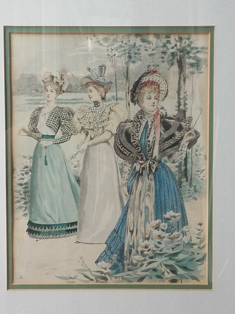 Antieke ingelijste mode gravure uit Engeland met vrouwen., 1800 - 1899, Origineel, Mode, Ophalen of Verzenden