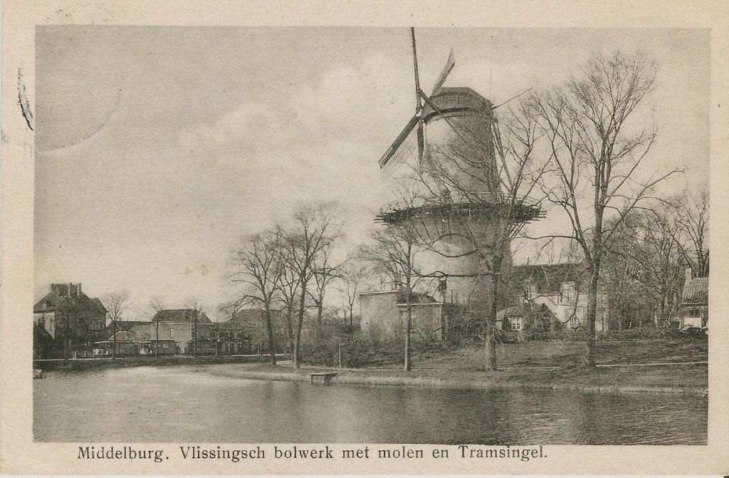 Middelburg Vlissingsch bolwerk molen De Hoop tram 1930, Ophalen of Verzenden, 1920 tot 1940, Gelopen, Zeeland