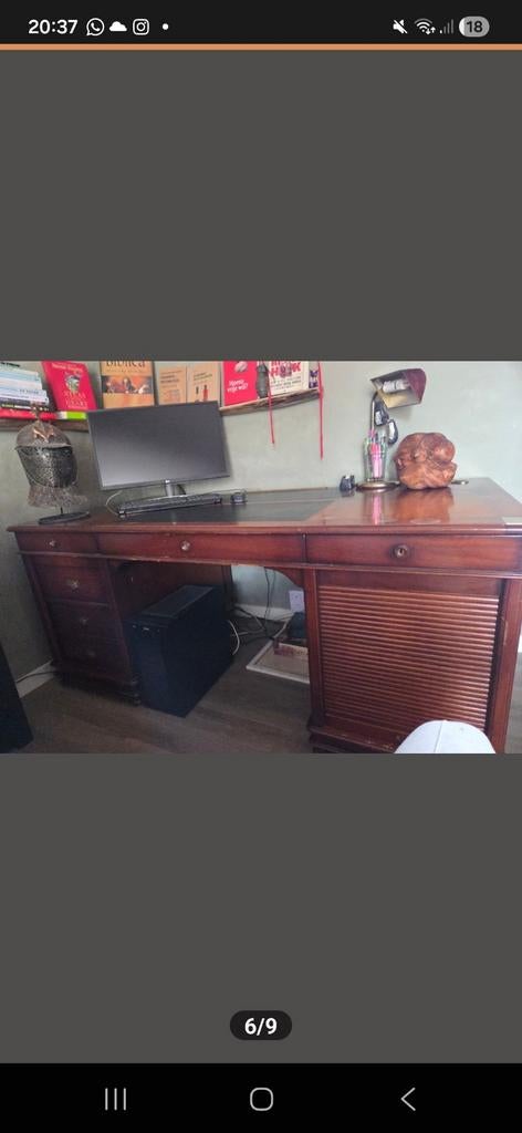 Klassiek partnerbureau van donker hout met leren inleg, Huis en Inrichting, Bureaus, Met lades, Gebruikt, Hout, Bruin