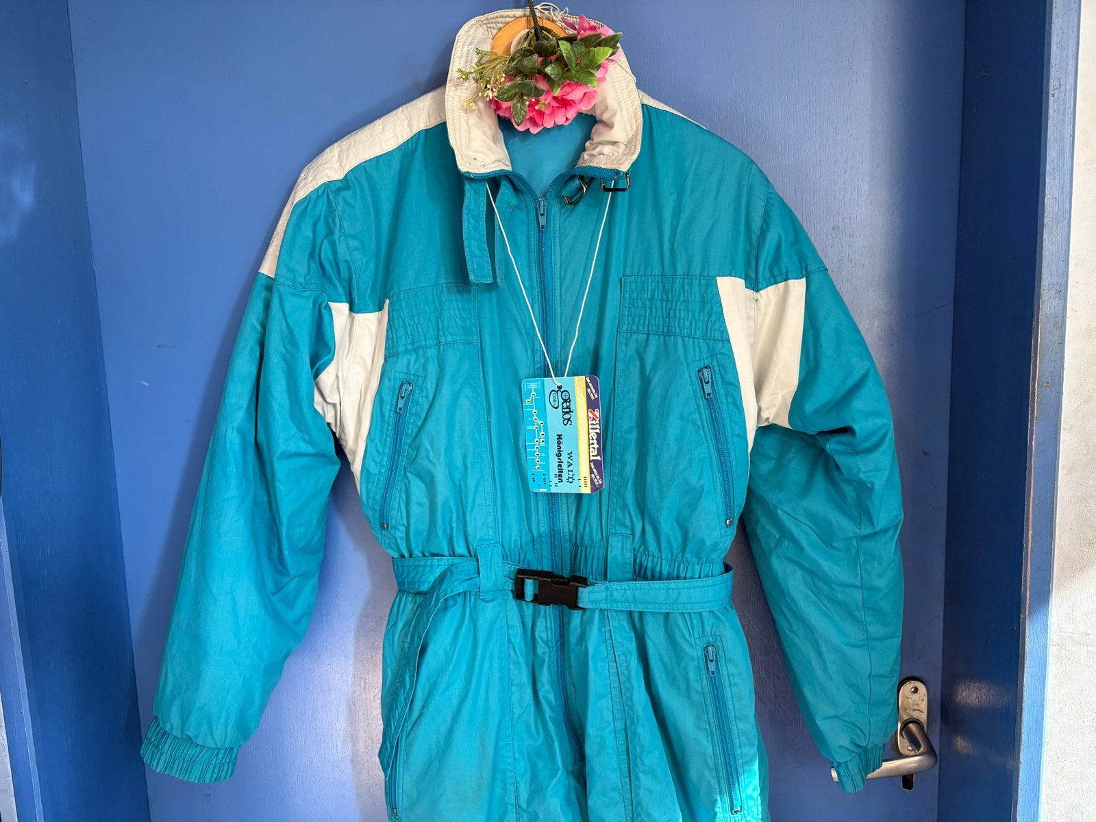 Vintage ski-overall turquoise maat 38 skipak, Kleding | Dames, Ophalen of Verzenden, Gedragen, Maat 38/40 (M), Overige typen