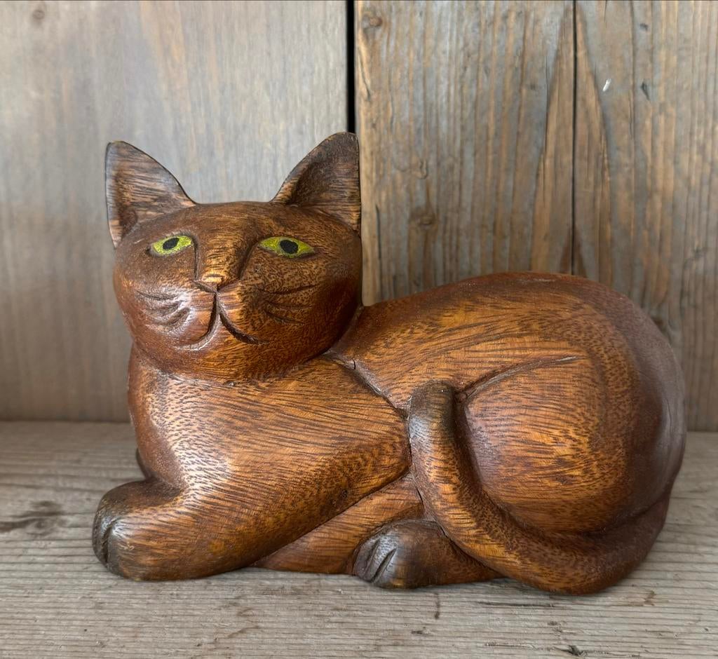Vintage Handgesneden Houten  Liggende Poes Jaren '60, Ophalen of Verzenden, Zo goed als nieuw, Bruin, Vintage