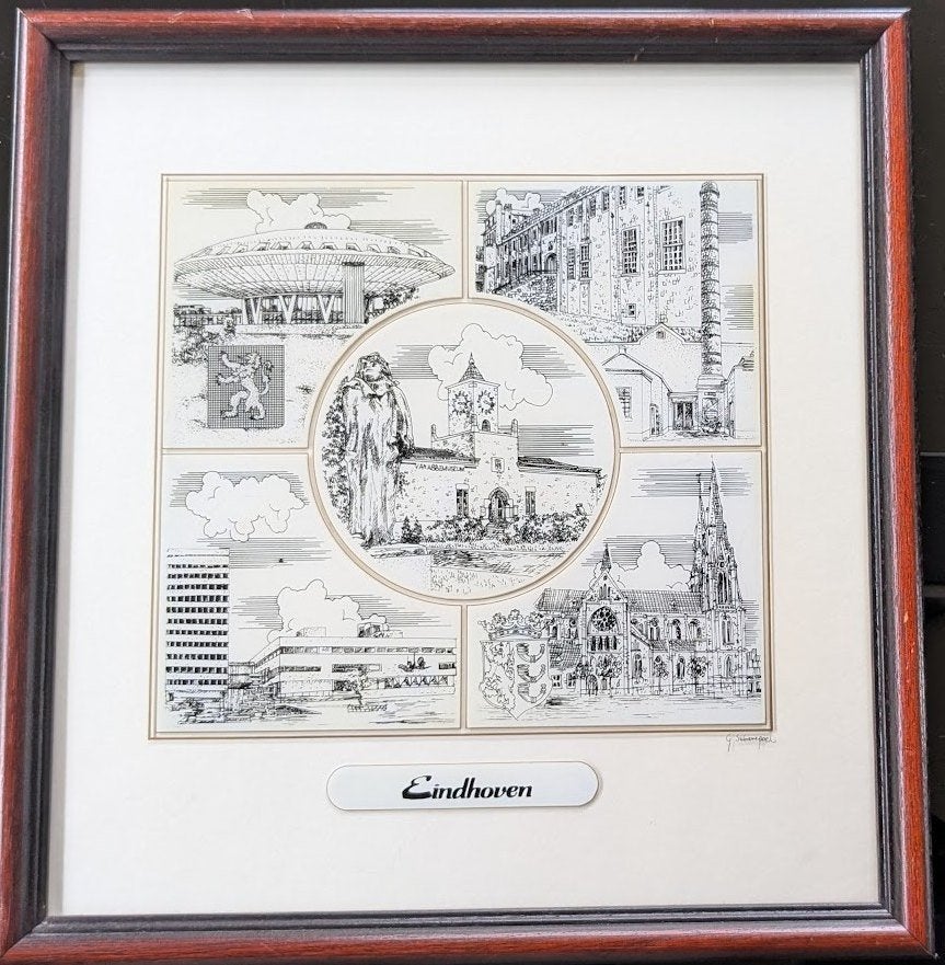 Puntgave glasgravure van Eindhoven, Gesigneerd, 1950 - 1999, Stadsgezicht, 43 cm