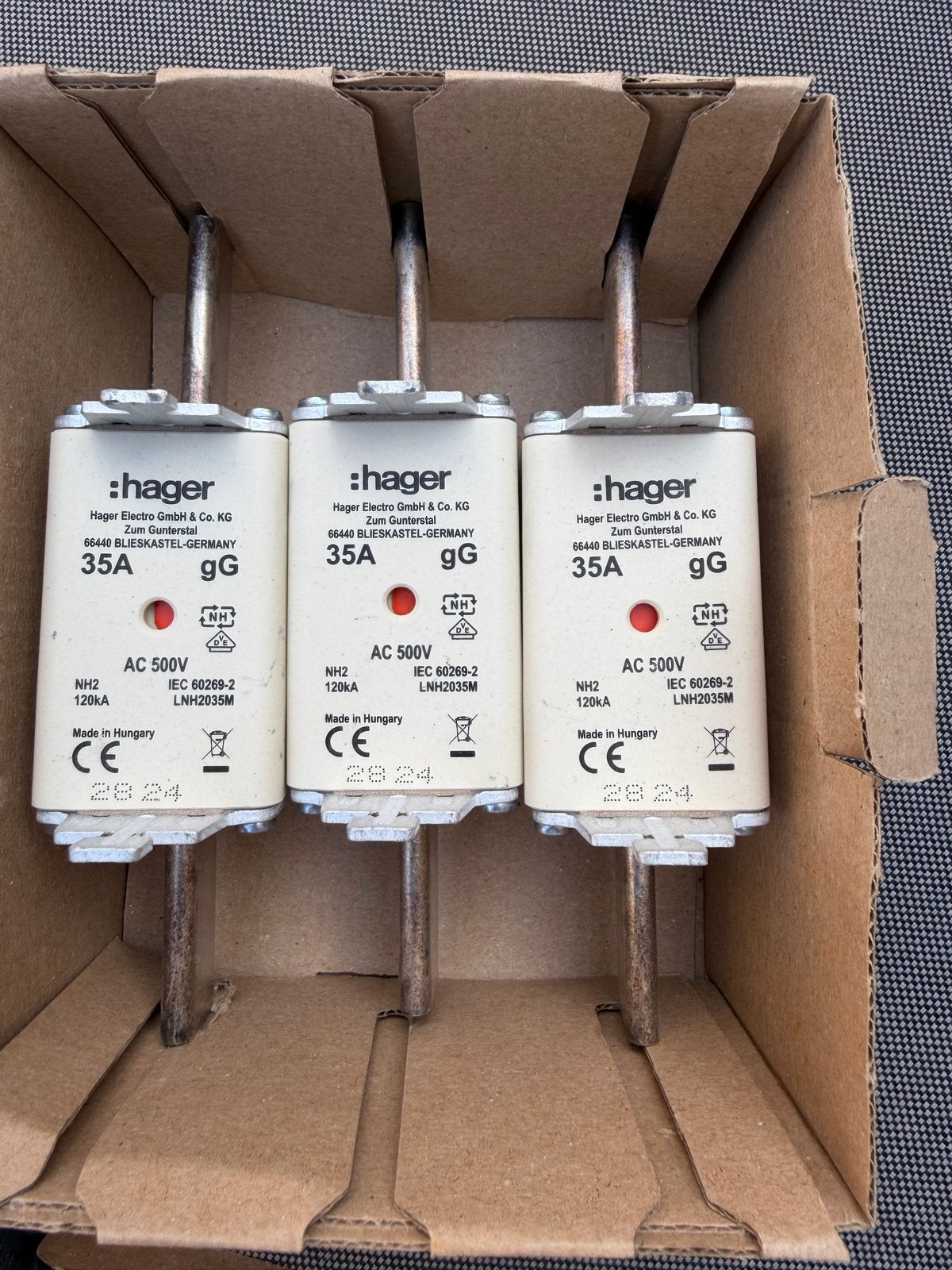 Hager NH2 Zekeringen 35A 500V (3 stuks), Ophalen of Verzenden, Nieuw, Hager, Overige typen