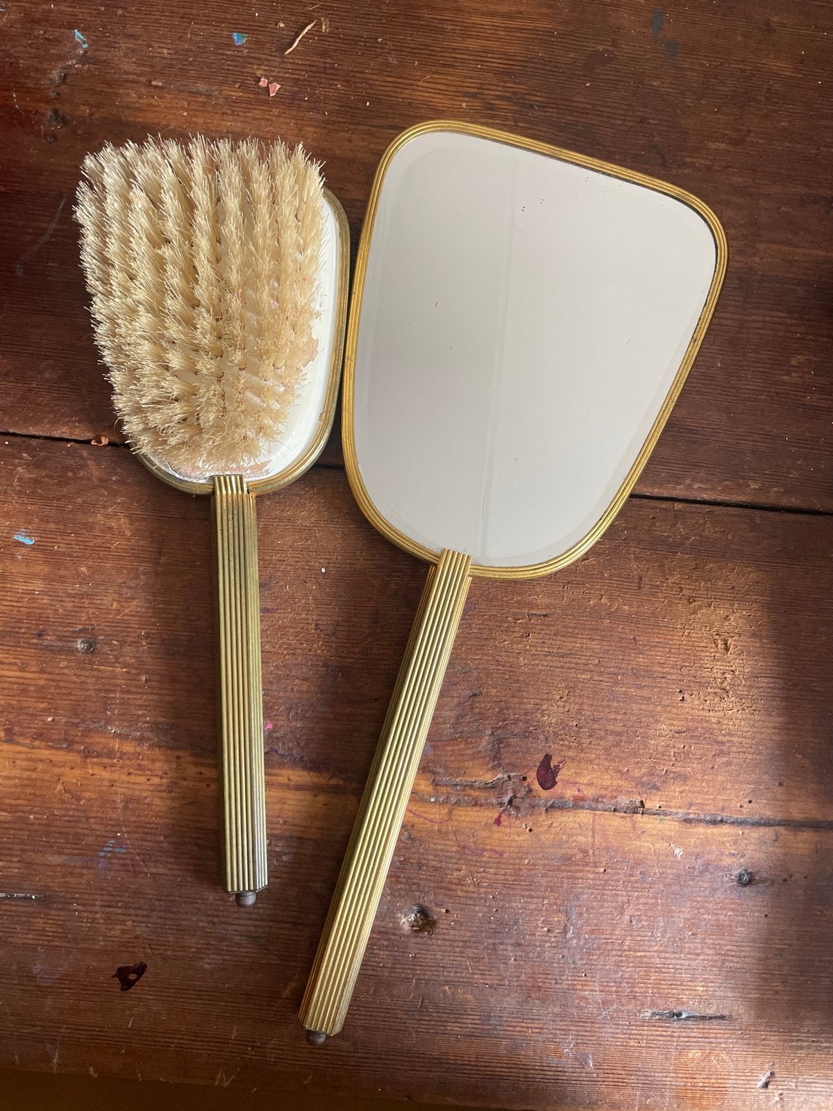 Vintage spiegel en borstel set met Oosters patroon, Ophalen of Verzenden