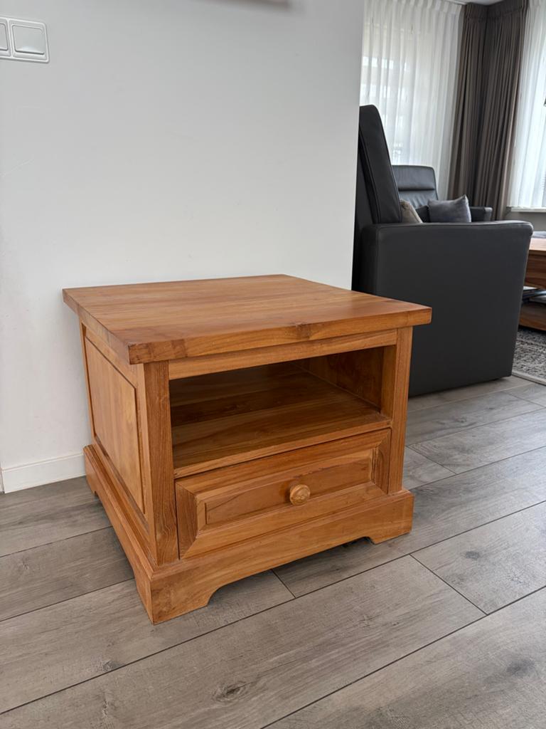 Teakhouten bijzettafel met lade (60x60x50 cm), Huis en Inrichting, Tafels | Bijzettafels, 45 tot 60 cm, Gebruikt, Vierkant, Hout