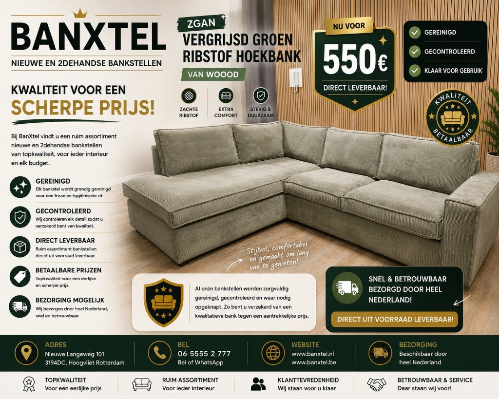 Z.G.A.N Vergrijsd Groene Ribstof Hoekbank van WOOOD, Info@banxtel.nl, Hoekbank, Hoekbank, Ophalen of Verzenden