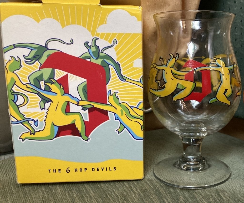 4 Duvel bierglas Hop Devils Art Passion Schenkritueel Ppstk!, Ophalen, Zo goed als nieuw, Glas of Glazen, Duvel