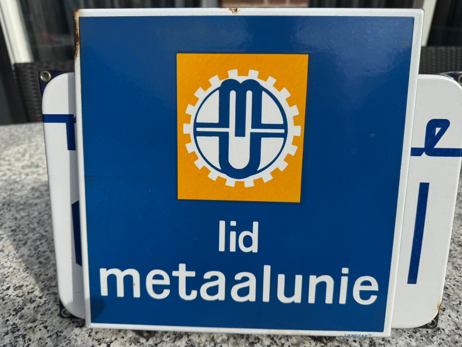 Origineel emaille bord lid metaalunie Langcat, Ophalen of Verzenden