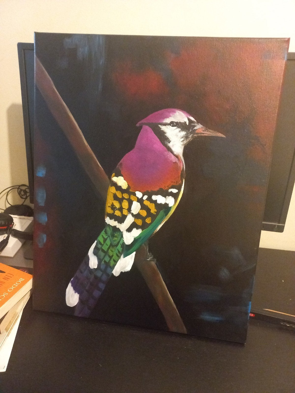 Kleurrijk vogel schilderij op canvas -  olieverf, Antiek en Kunst, Ophalen of Verzenden