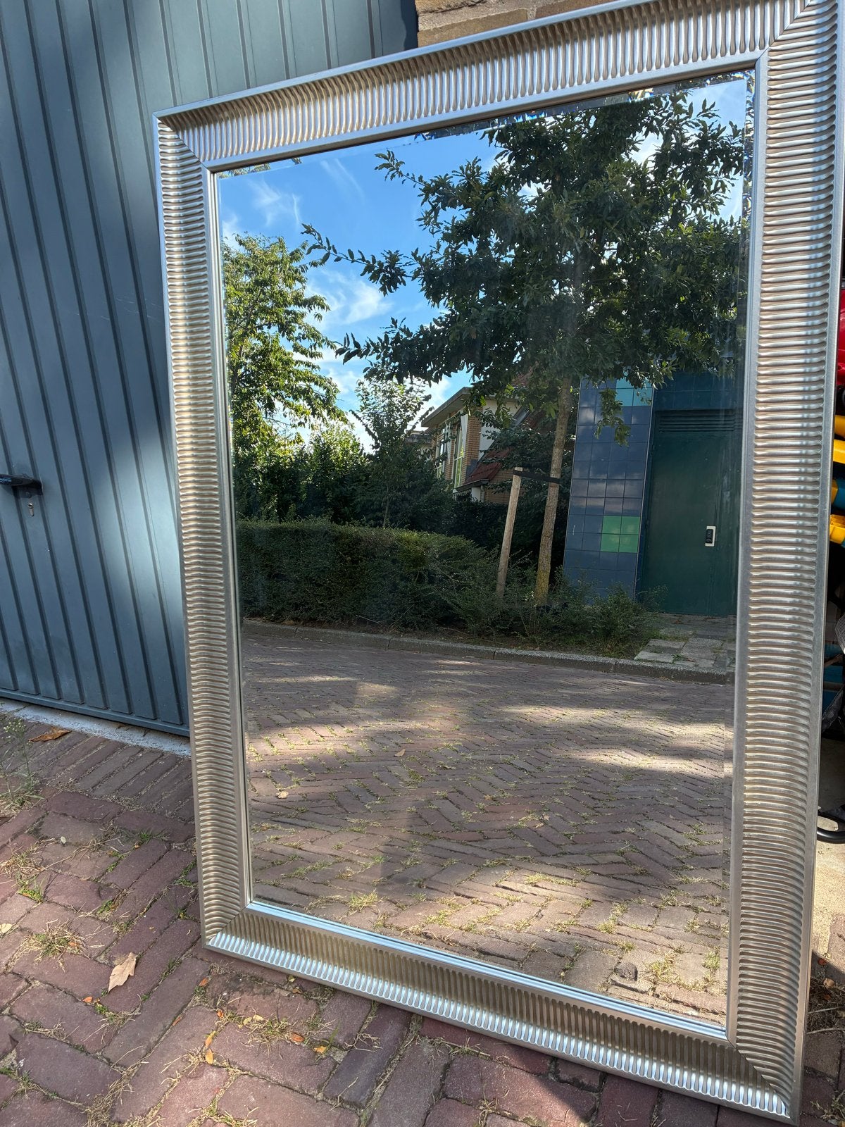 Grote IKEA spiegel met zilverkleurige lijst, Ophalen, Gebruikt, 100 tot 150 cm, 75 tot 100 cm