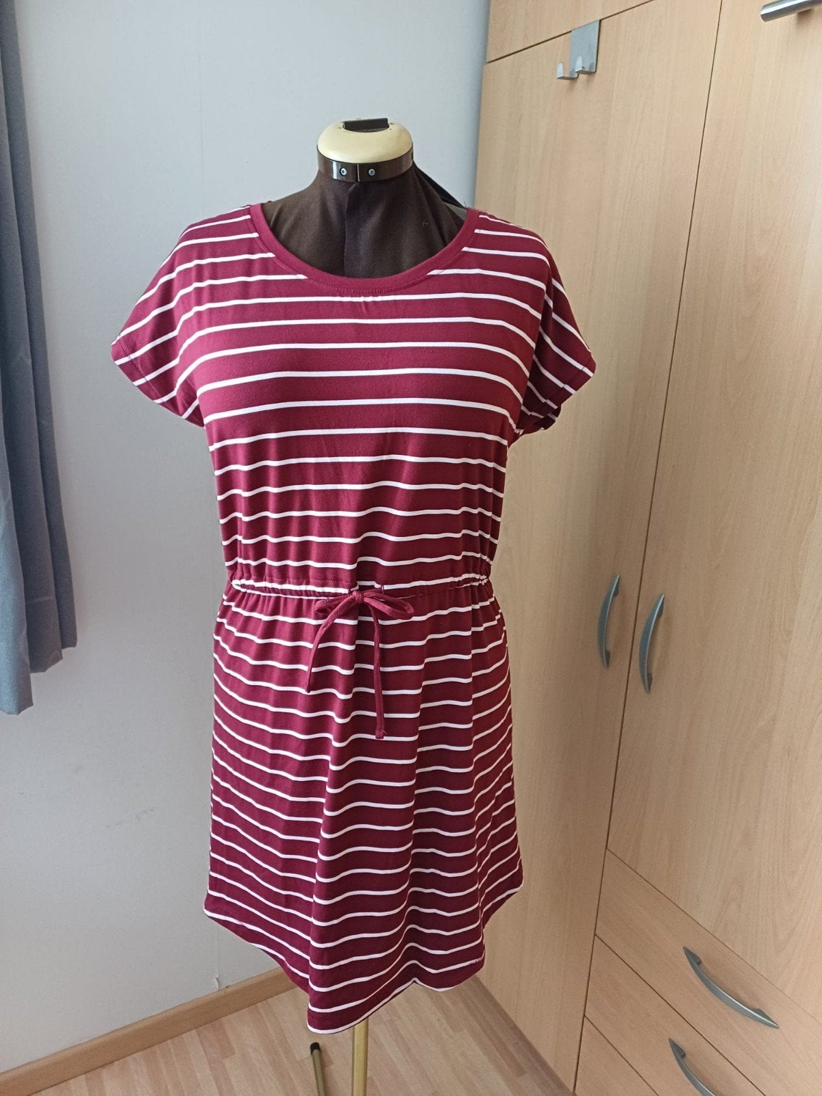T shirt jurk, bordeaux ecru gestreept, maat XL, kort mouwtje, Maat 46/48 (XL) of groter, Ophalen of Verzenden, Zo goed als nieuw