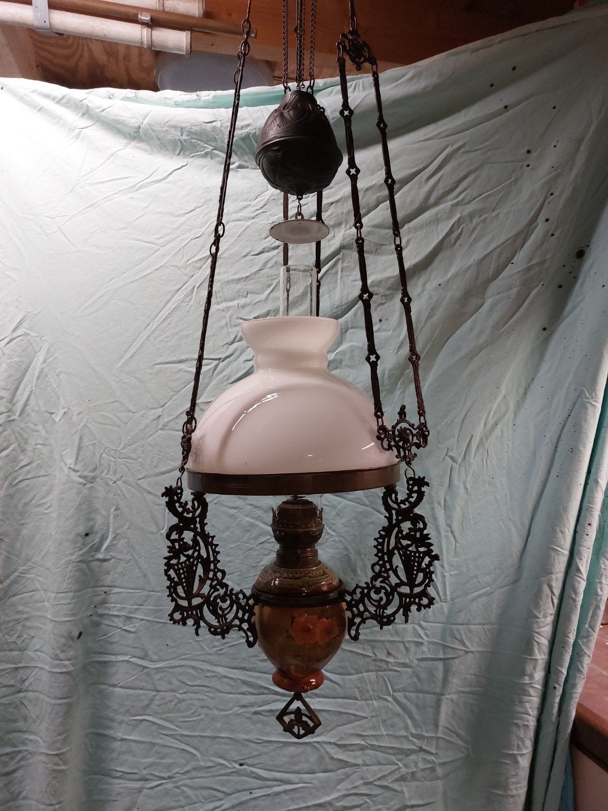 Antieke olielamp - Hanglamp met keramiek en smeedijzer, Ophalen of Verzenden
