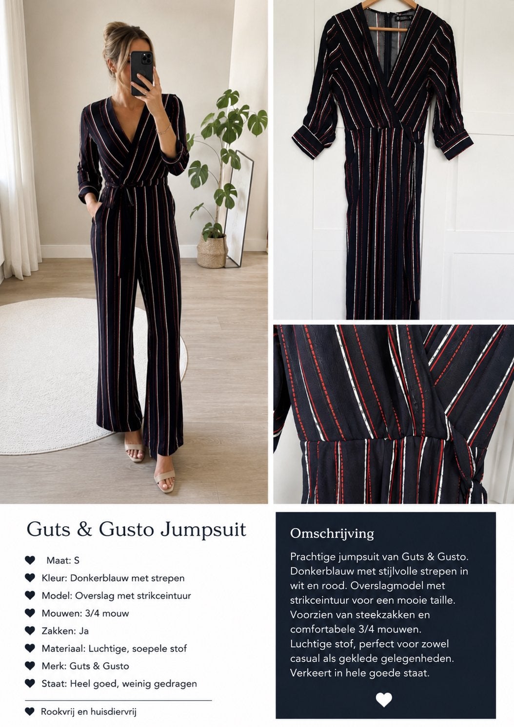 Guts & Gusto Jumpsuit Donkerblauw met Strepen Maat S, Ophalen of Verzenden, Zo goed als nieuw, Maat 36 (S), Blauw