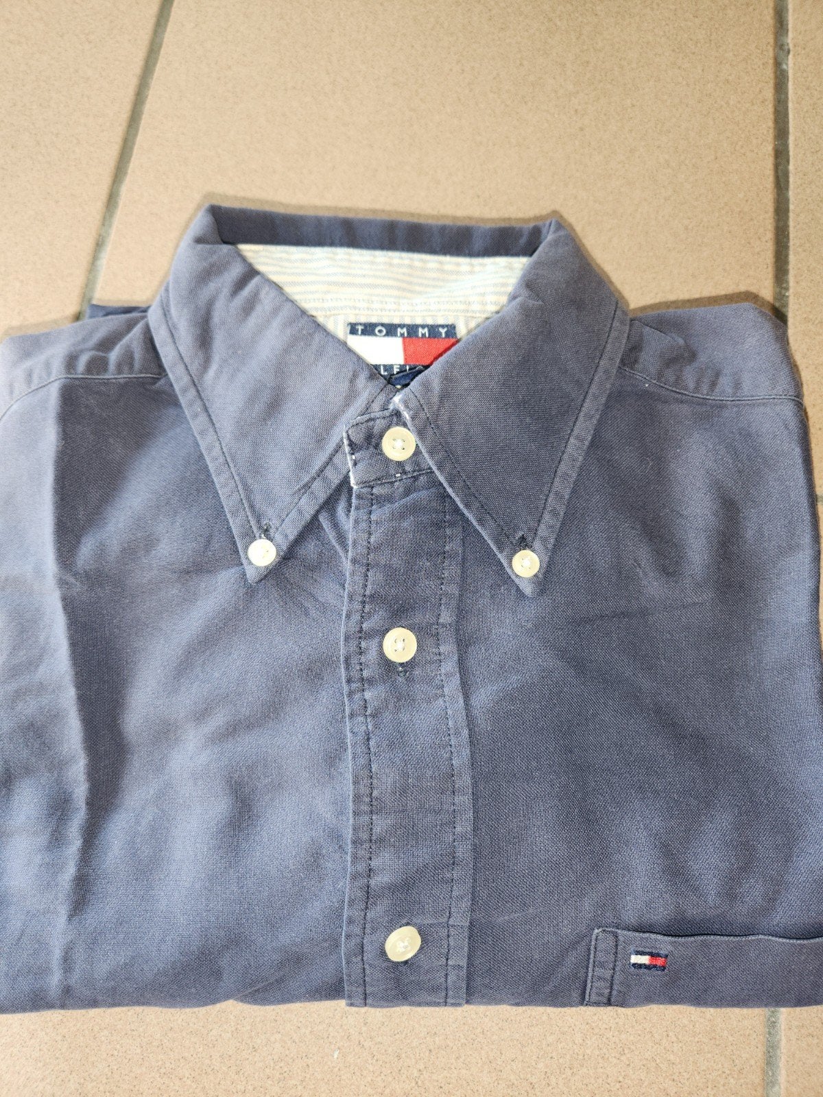 Vintage Tommy Hilfiger Overhemd Navy Blauw M (valt als L), Blauw, Tommy Hilfiger, Ophalen of Verzenden, Halswijdte 41/42 (L)