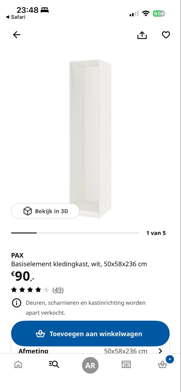 PAX Basiselement kledingkast wit 50x58x236 cm, Ophalen, Minder dan 50 cm, 200 cm of meer, Zo goed als nieuw