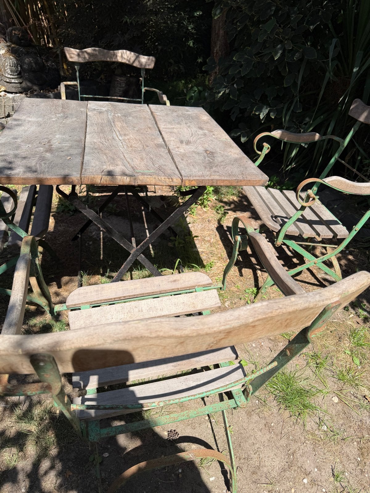 Oude Franse bistro set - Tafel met 4 stoelen, Ophalen, 4 zitplaatsen, Gebruikt, Eettafel