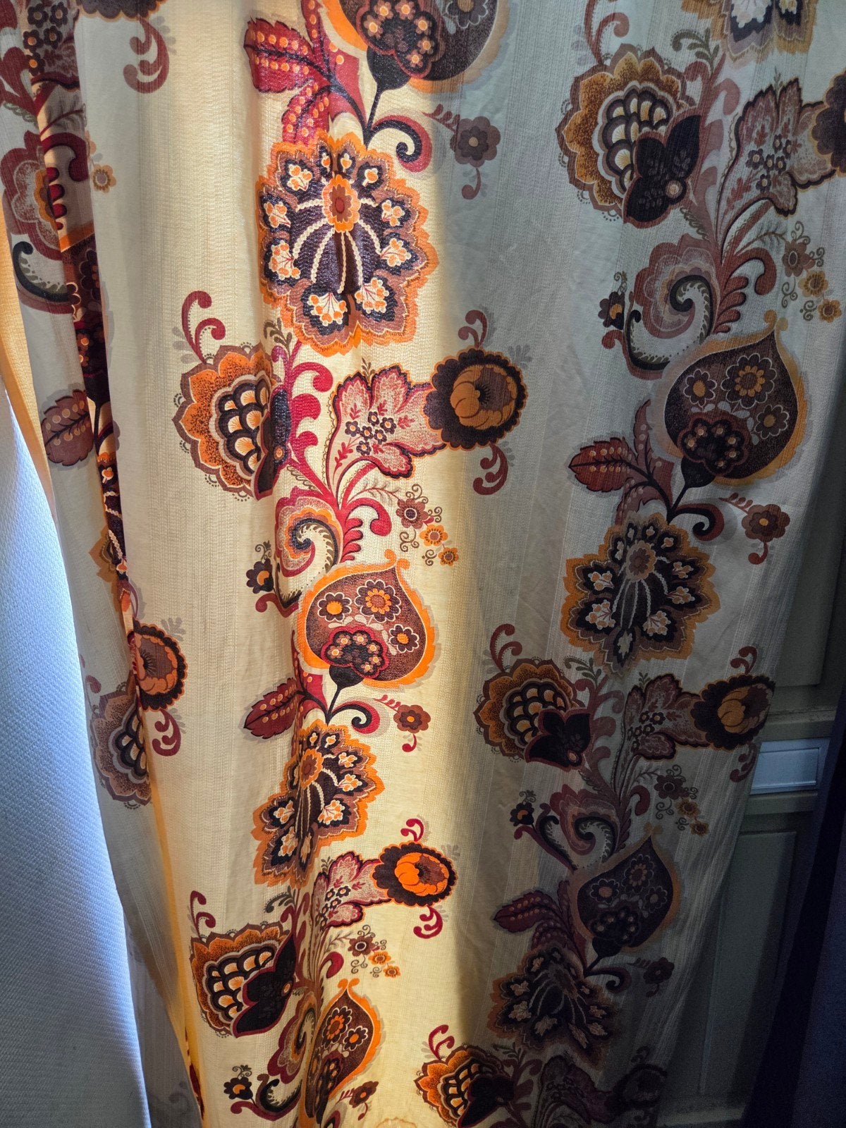 6 Vintage Gordijnen Jaren '70 Stof Mariana Barok Paisley, Gebruikt, Vintage, Jaren '70, Barok, Paisley, 200 cm of meer, Bruin