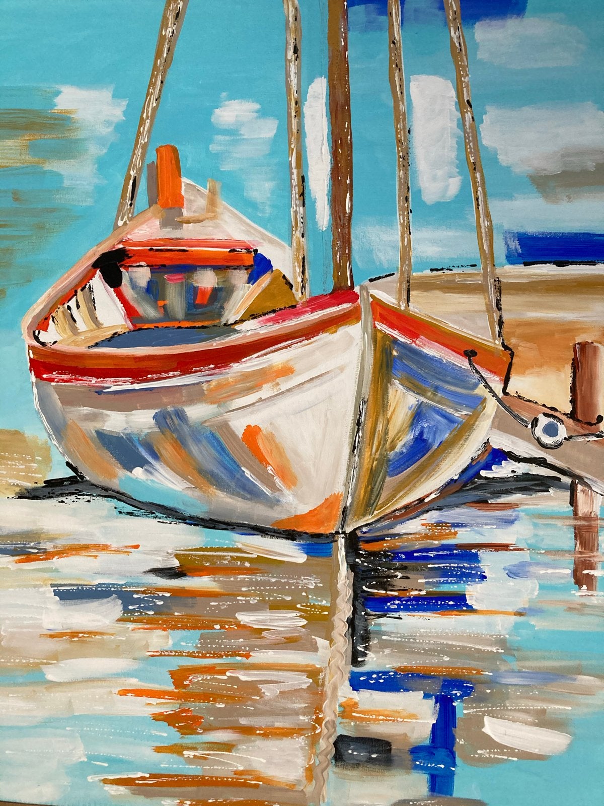 Schilderij: Boot aan de steiger, abstracte stijl, Landschap, Acrylverf, Handgeschilderd, Ophalen of Verzenden