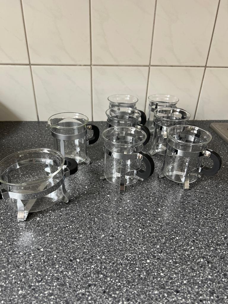 Glazen theeglazen en melk/suiker set, Theepot/fluitketel, Glas, Zilver, Ophalen of Verzenden