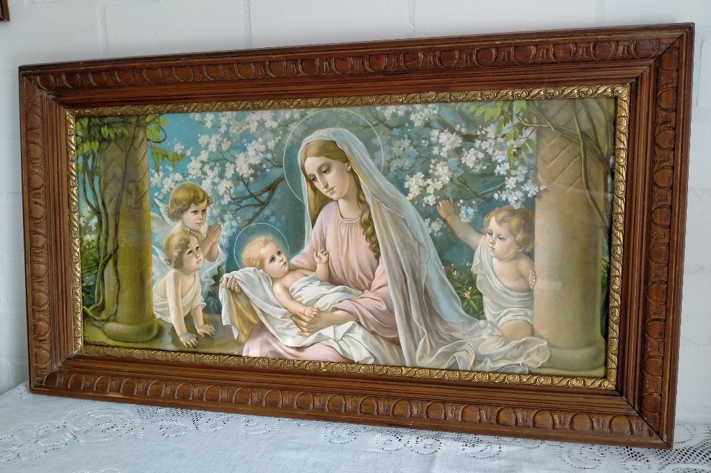 Grote Maria prent met kindje Jezus en engelen, Antiek en Kunst, Ophalen