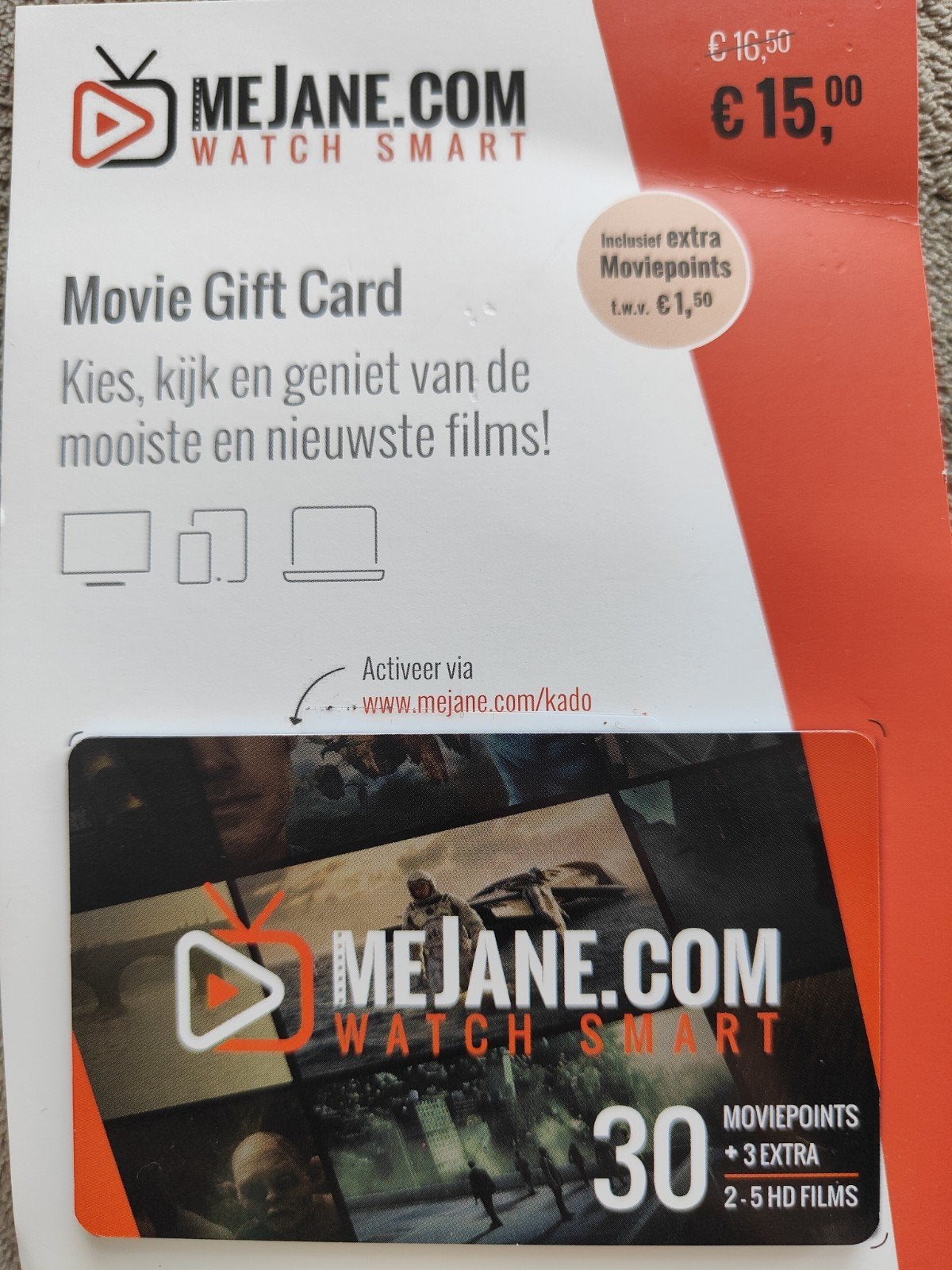 Movie gift card cadeaubon tegoedkaart Mejane, Alle leeftijden, Ophalen of Verzenden, Zo goed als nieuw, Overige gebieden