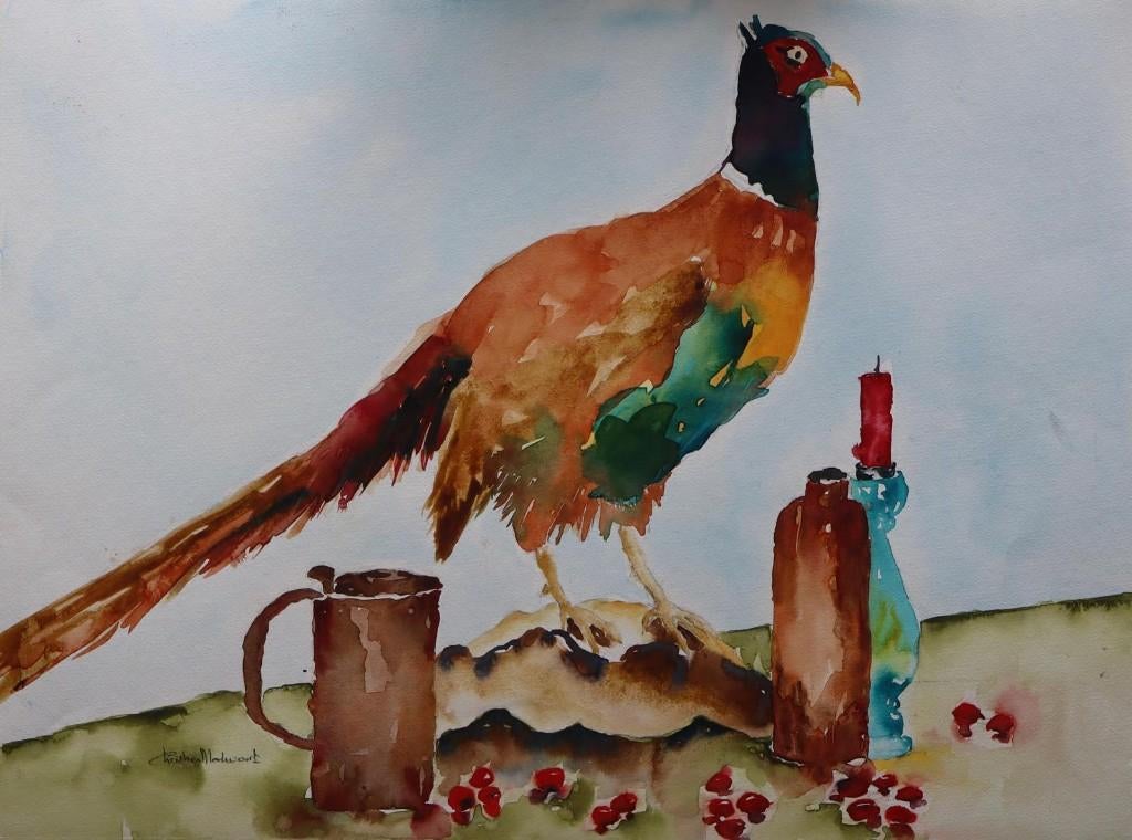 Aquarel fazant, Antiek en Kunst, Kunst | Schilderijen | Klassiek, Ophalen
