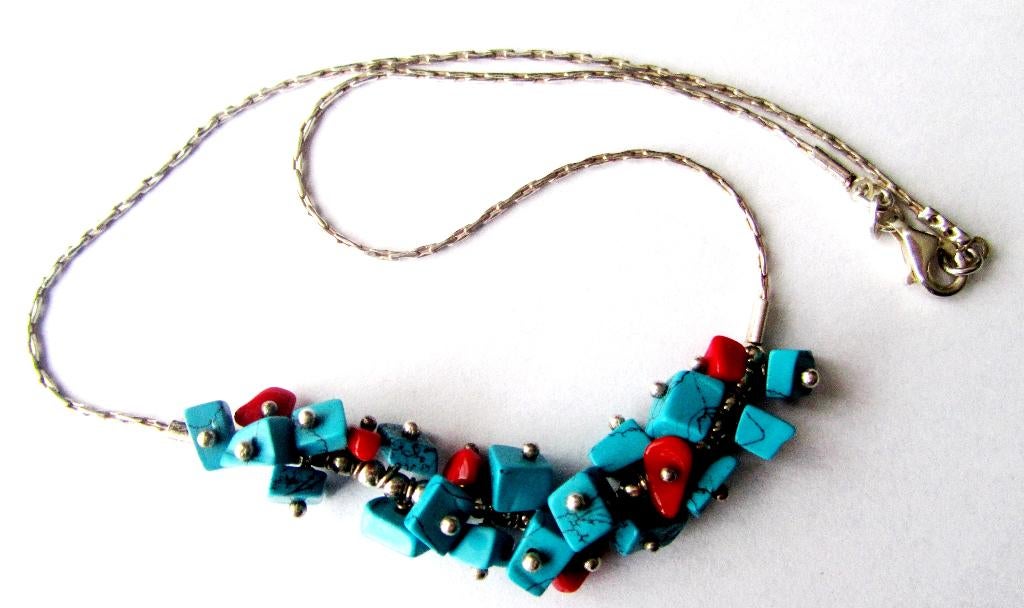925 zilveren prachtige Turquoise rode Koraal ketting, Ophalen, Zilver, Ketting, Met edelsteen