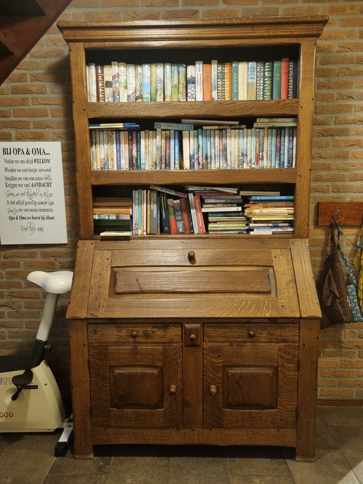 Massieve Eiken Bureaukast / Secretaire met Boekenkast, Ophalen, Gebruikt, Hout, Secretaire
