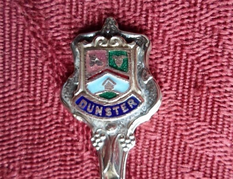 Lepeltje. Wapen van Dunster. Schildje is van Emaille, Ophalen of Verzenden, Zo goed als nieuw, Metaal, Bestek