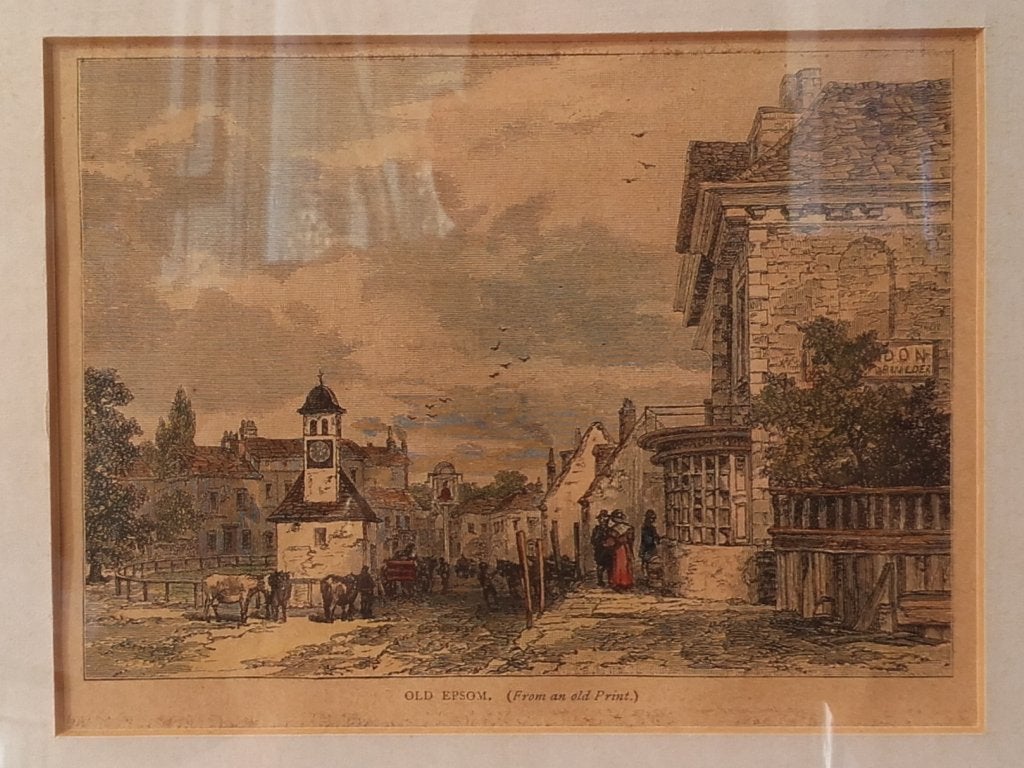 Mooie antieke ingelijste ets uit Engeland van Old Epsom., 1800 - 1899, Stadsgezicht, Met tekst, Ophalen of Verzenden