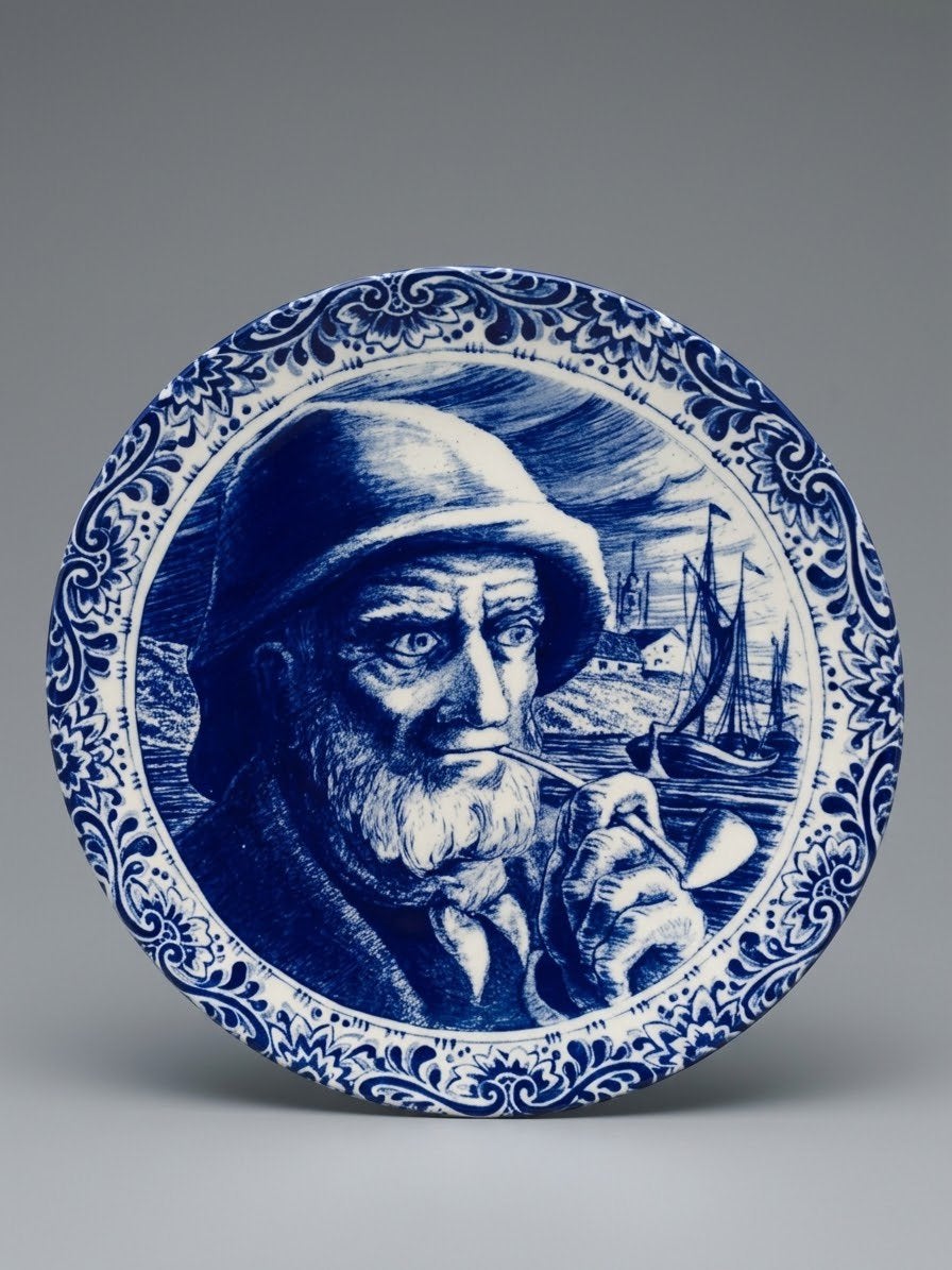 Vintage Boch Delfts Blauw Wandbord “Oude Visser met Pijp", Antiek en Kunst, Ophalen