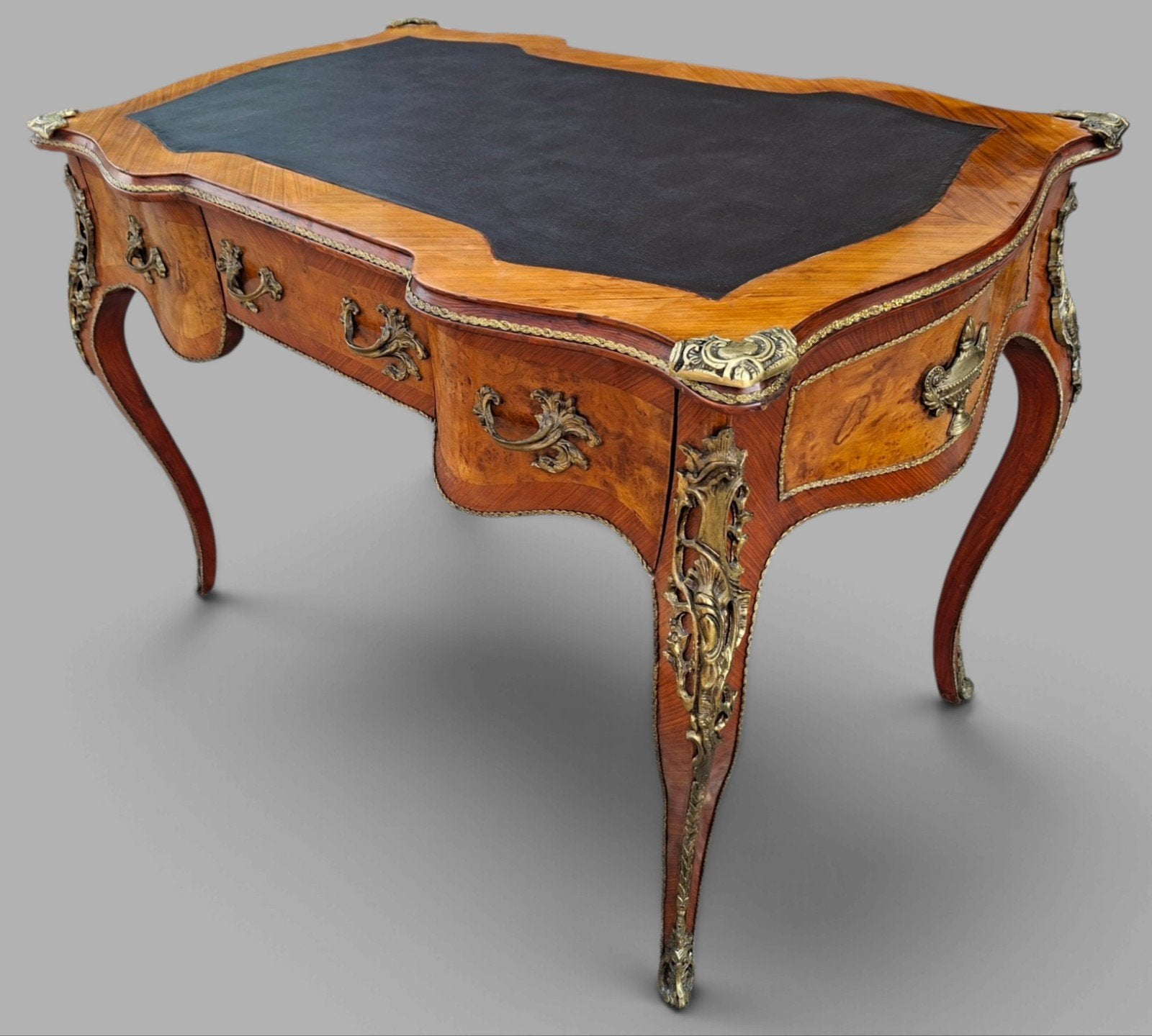 Klassieke smalle schrijftafel, bureau, desk met lederen inle, Ophalen of Verzenden